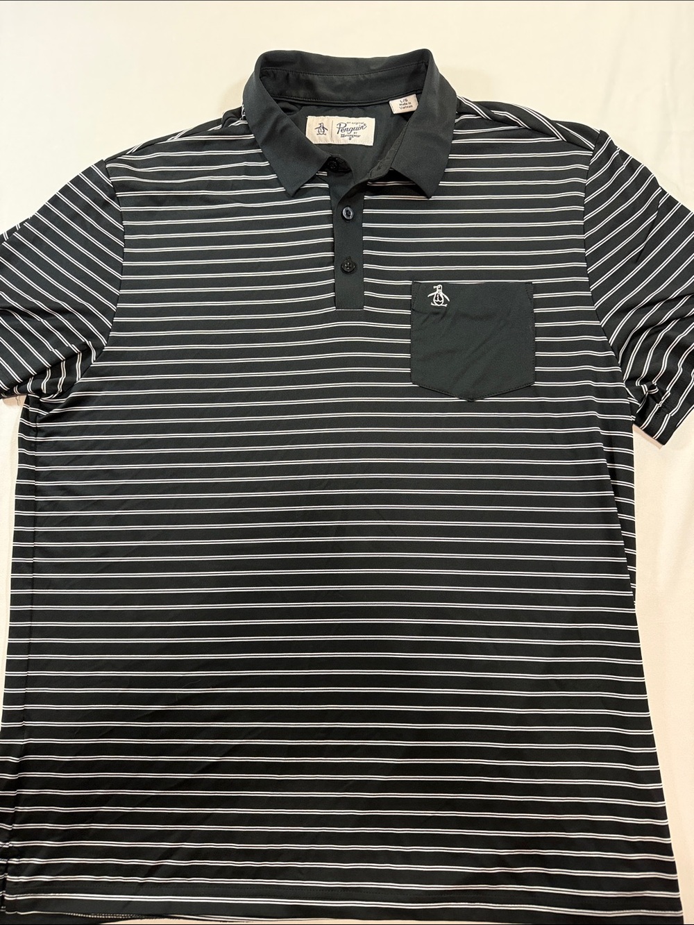 Original Penguin Black Polo with Thin White Stripes and Pocket Men’s size L